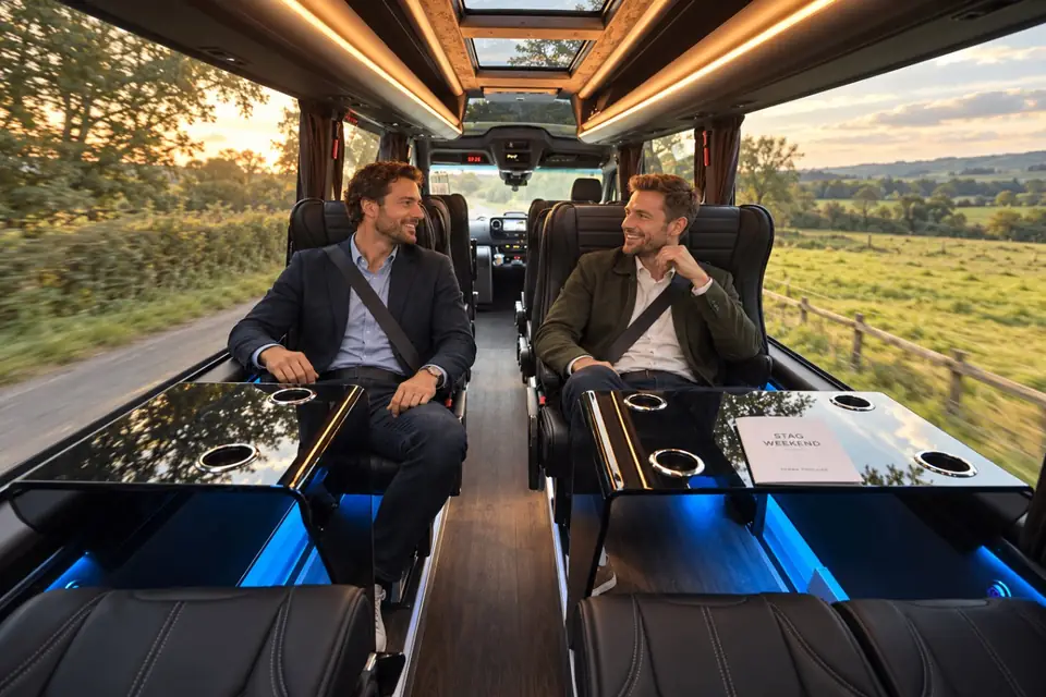 Passengers seated in the Executive Luxury 16 Seater cabin