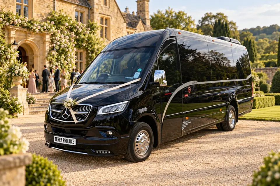 Black Mercedes-Benz Sprinter with ribbons outside a wedding venue.