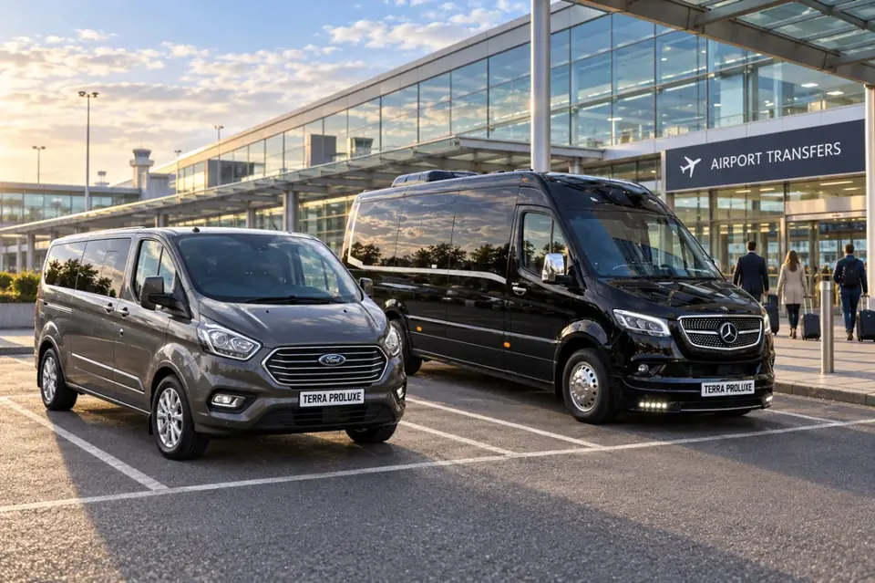 Grey Ford Tourneo Custom and black Mercedes-Benz Sprinter outside an airport terminal.