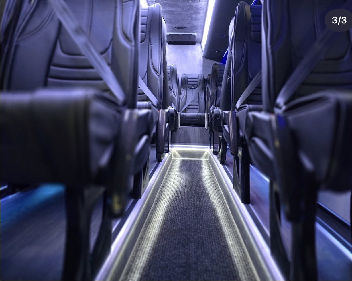 Illuminated aisle strip lighting between the executive minibus seats