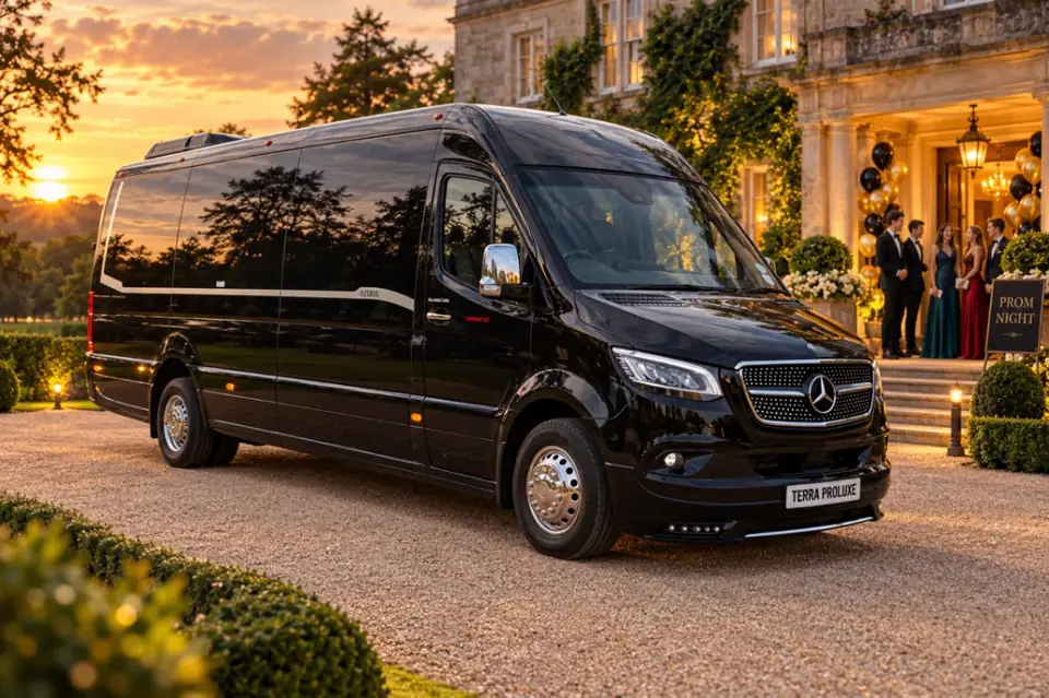 Black Mercedes-Benz Sprinter outside a venue at sunset with guests in evening wear.
