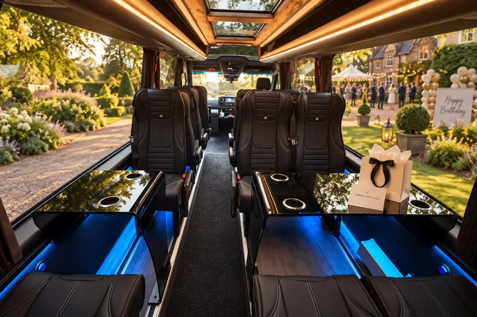 Sprinter cabin with leather seats, tables and blue lighting, gift bag on a table.