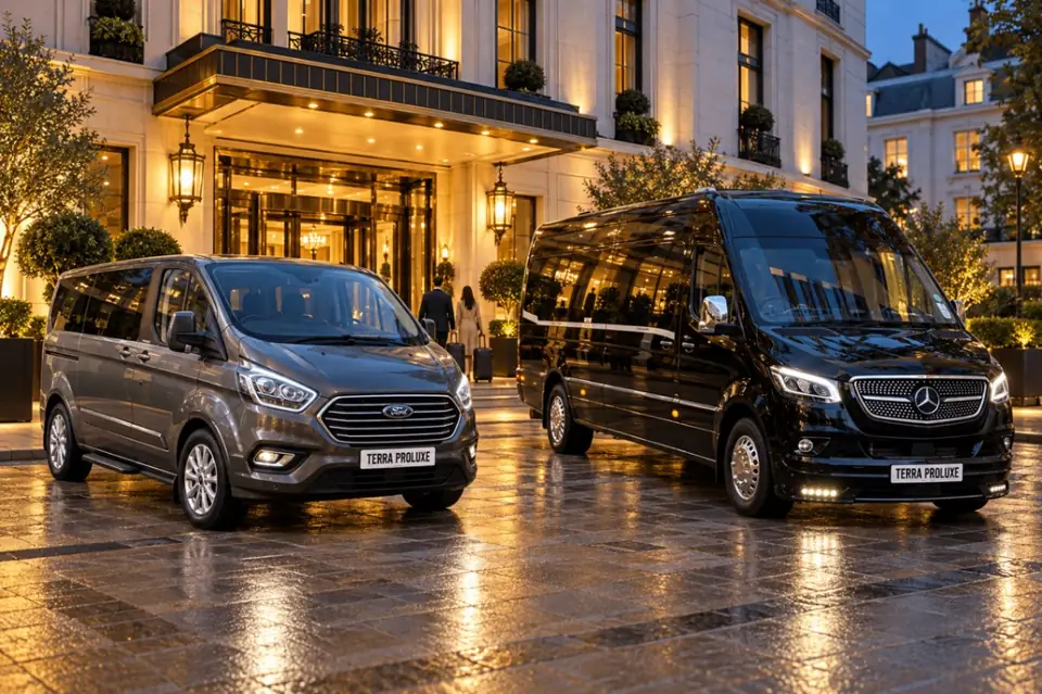 Grey Ford Tourneo Custom and black Mercedes-Benz Sprinter at a hotel entrance at night.