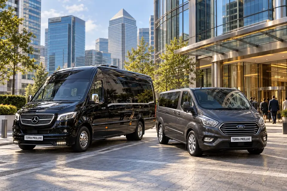 Terra ProLuxe Standard 8 Seater and Executive Luxury 16 Seater outside office buildings