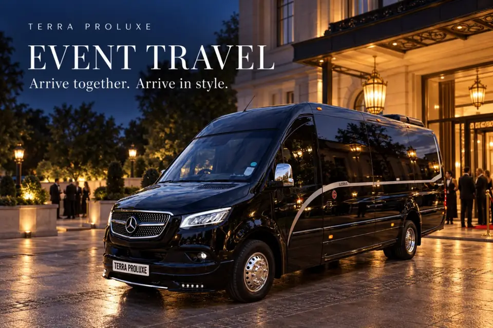 Black Sprinter outside an evening venue, with 'Event travel' wording.