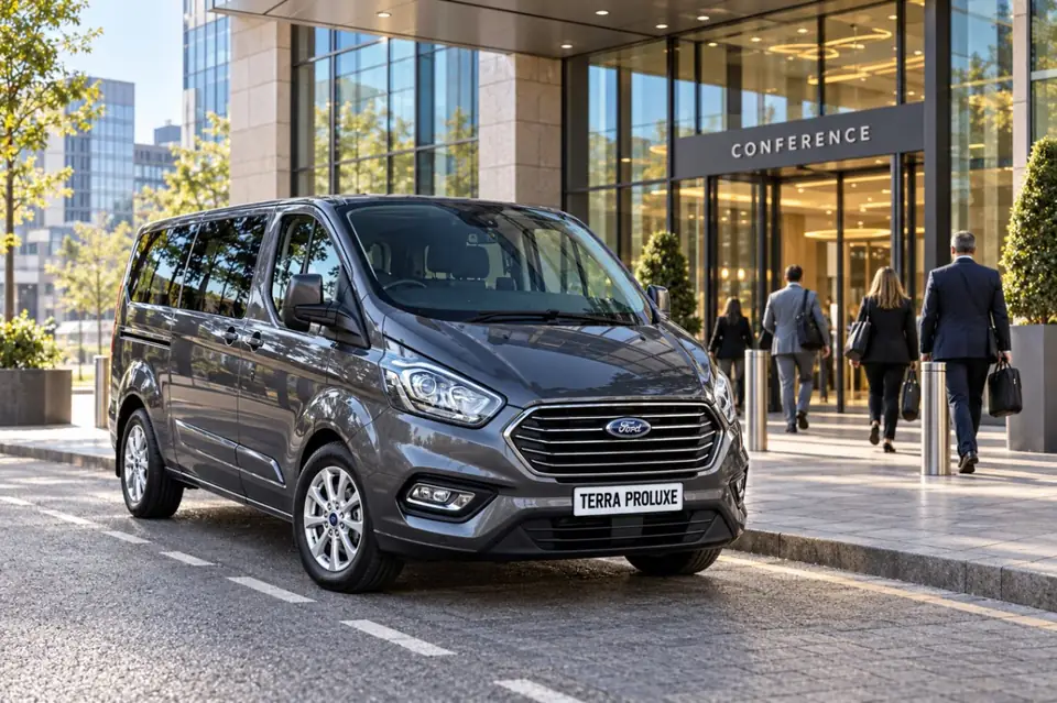 Grey Ford Tourneo Custom outside a conference centre entrance.