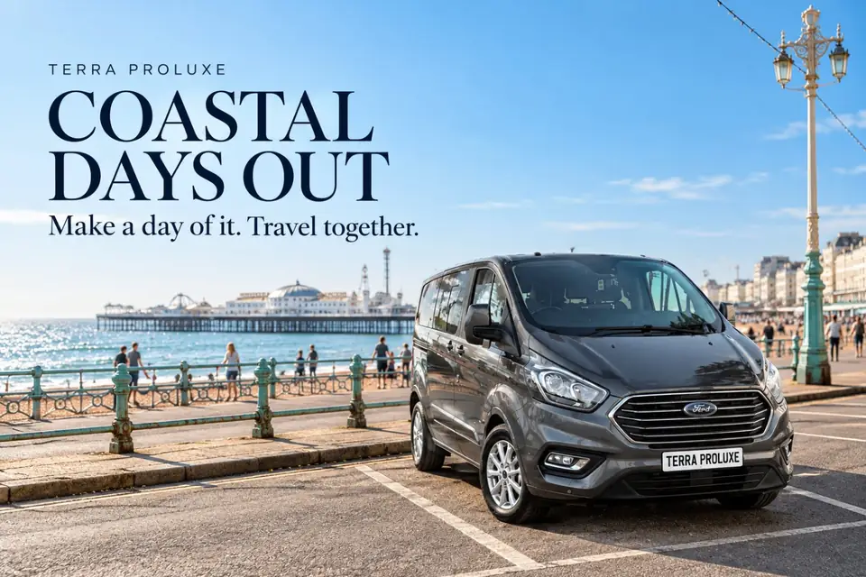 Grey Ford Tourneo Custom on a seafront, with 'Coastal days out' wording.