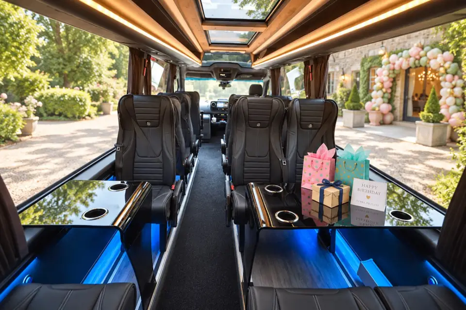 Executive Luxury 16 Seater cabin with leather seats and tables