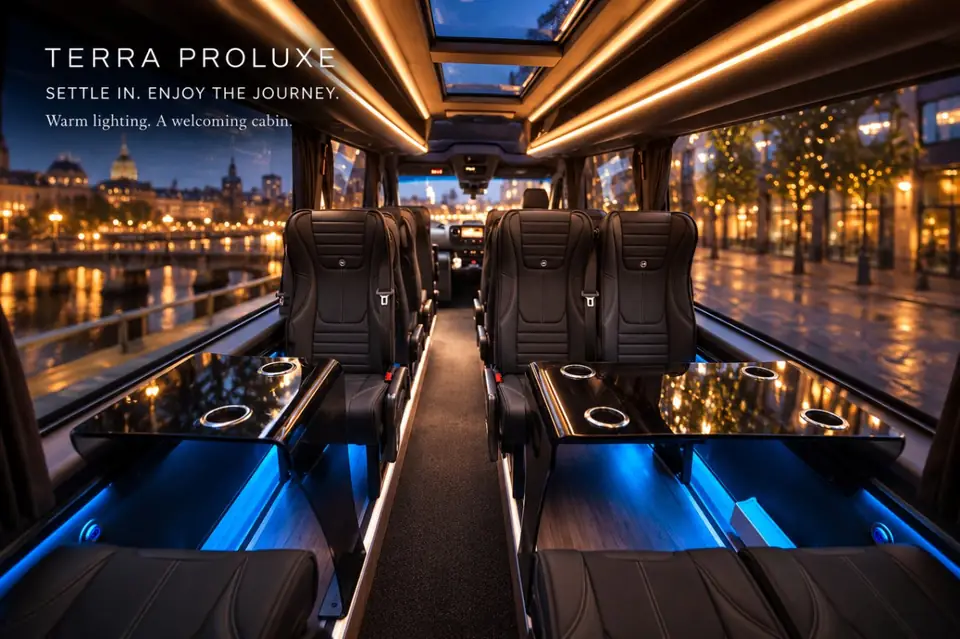 Sprinter cabin with leather seats and blue lighting, with Terra ProLuxe wording.