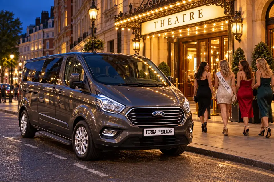 Grey Ford Tourneo Custom outside a theatre beside a group celebrating a hen night.