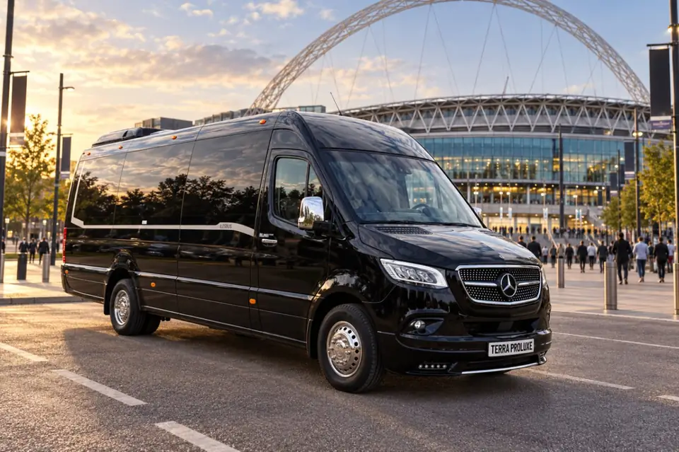 Black Mercedes-Benz Sprinter near a stadium.