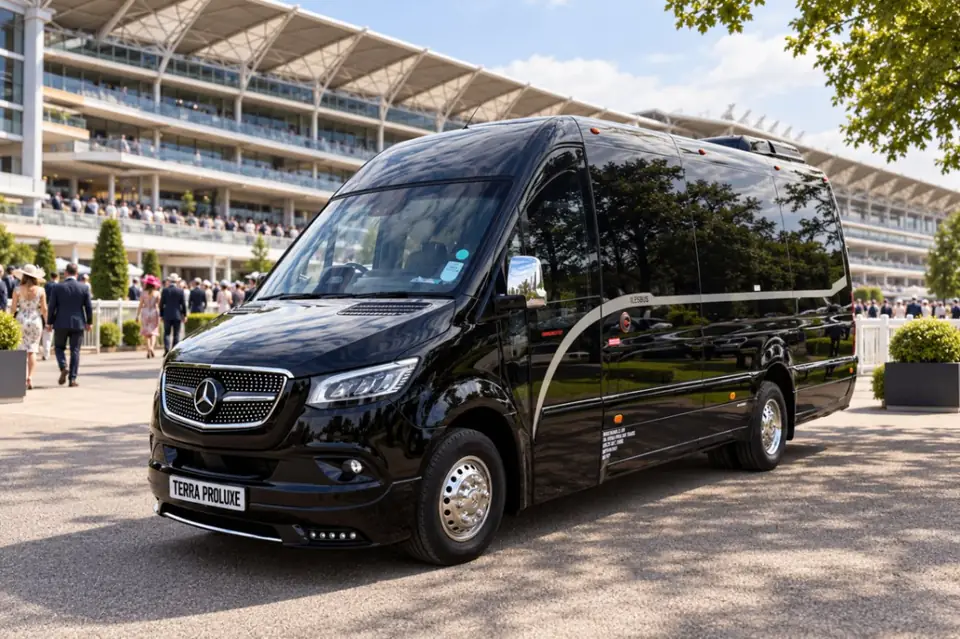 Black Mercedes-Benz Sprinter outside a racecourse grandstand.