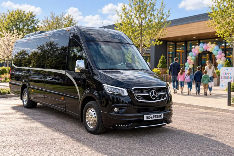 Black Mercedes-Benz Sprinter outside a venue decorated with balloons.