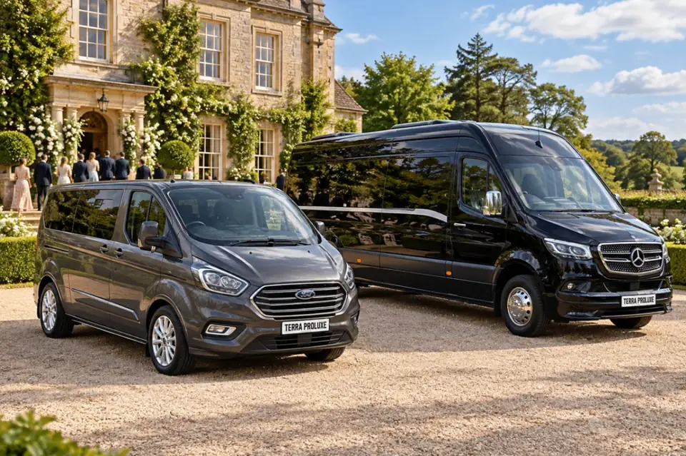 Standard 8 Seater Ford Tourneo Custom and Executive Luxury 16 Seater Mercedes-Benz Sprinter side by side