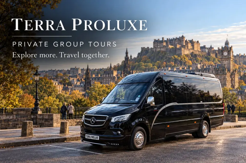 Black Sprinter below a historic skyline, with 'Private group tours' wording.