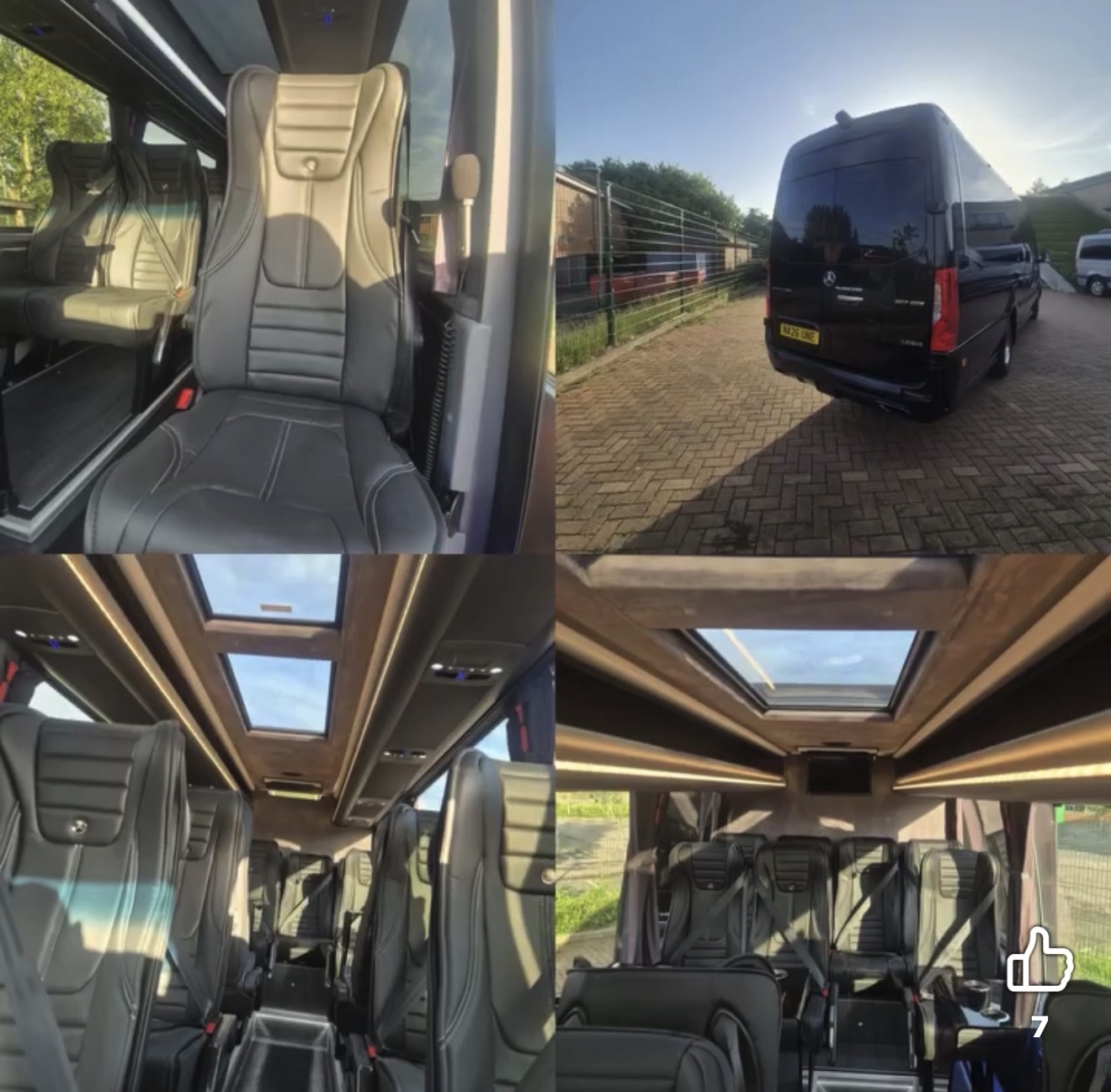Detail collage of the Sprinter — seat stitching, rear exterior and panoramic roof