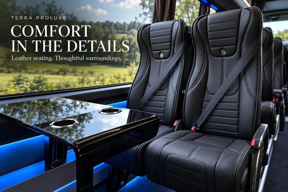 Executive Luxury 16 Seater leather seats and table, with Terra ProLuxe wording