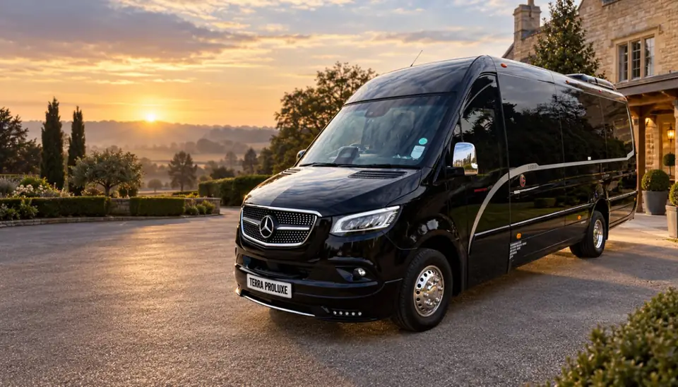 Black Mercedes-Benz Sprinter on a driveway at sunset.