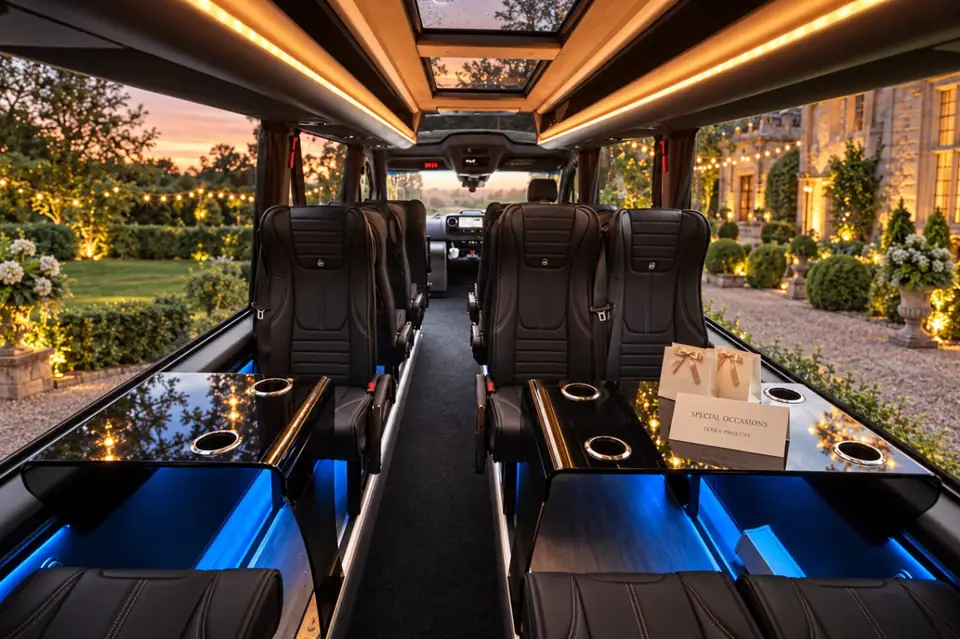 Executive Luxury 16 Seater cabin with leather seats, glass tables and ambient lighting